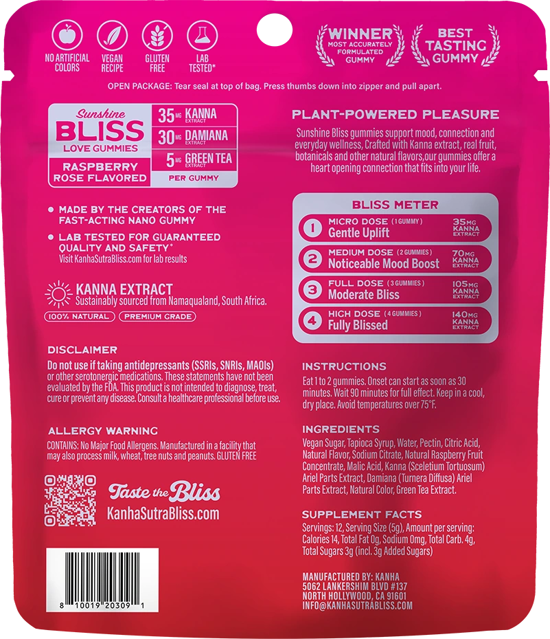 Back of the Sunshine Bliss pack showing ingredients and serving instructions